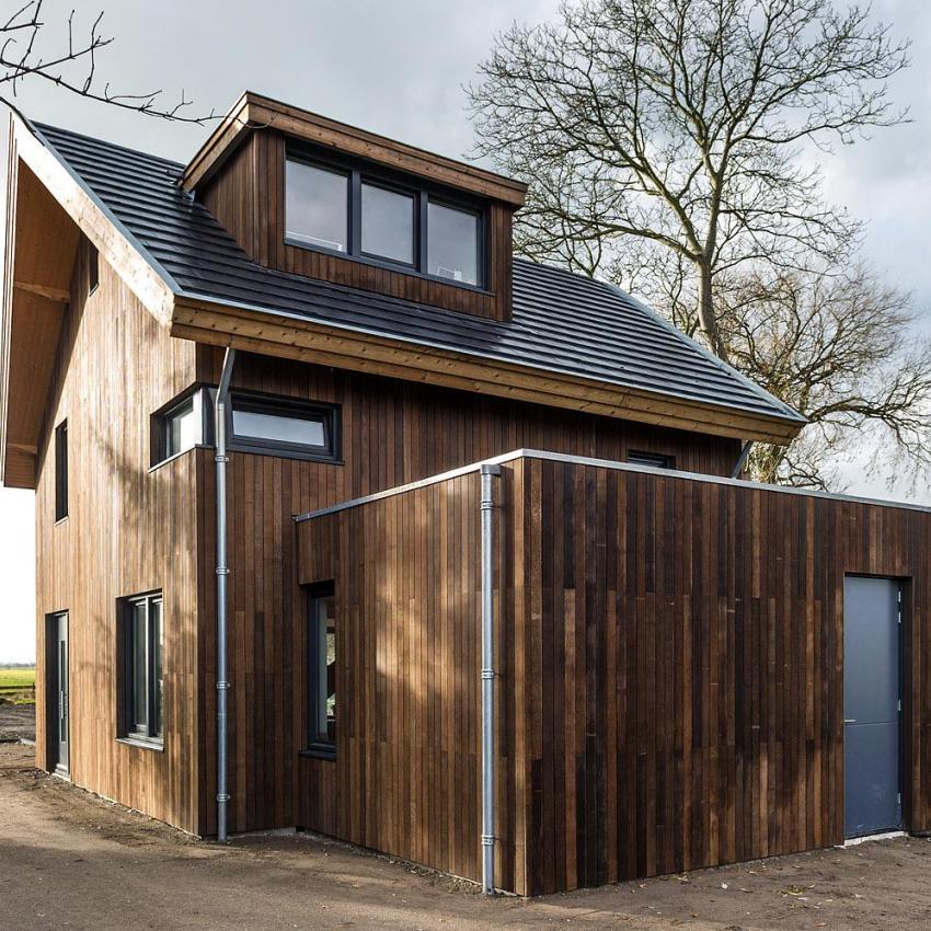 Gevelbekleding woonhuis van natuurproduct Kokoshout